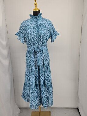 Women's Blue Patterned Maxi Dress with Tie Waist